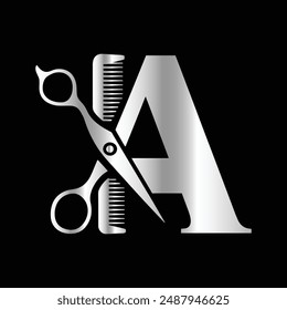 This luxurious and elegant initial "A" scissors logo
is designed for barbershops and salons, retaining its beauty
even when scaled down or used in black and white.