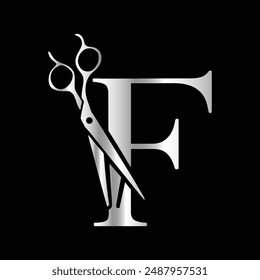 This luxurious and elegant initial "F" scissors logo
is designed for barbershops and salons, retaining its beauty
even when scaled down or used in black and white.