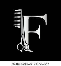 This luxurious and elegant initial "F" scissors logo
is designed for barbershops and salons, retaining its beauty
even when scaled down or used in black and white.
