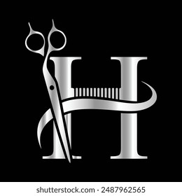 This luxurious and elegant initial "H" scissors logo
is designed for barbershops and salons, retaining its beauty
even when scaled down or used in black and white.