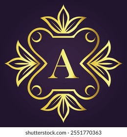 This luxurious monogram design features the letter "A" in a stunning gold font, surrounded by intricate floral patterns. The elegant and sophisticated design is set against a dark purple background, 