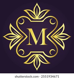This luxurious monogram design features the letter "M" in a golden font, intricately surrounded by floral patterns. Set against a dark purple background, this design exudes sophistication and elegance