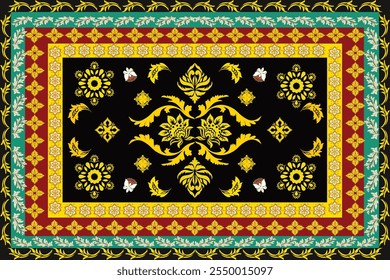 This luxurious rug features a black background with intricate golden floral patterns, yellow accents, decorative white butterflies, and layered borders in red, yellow, and green, creating a bold