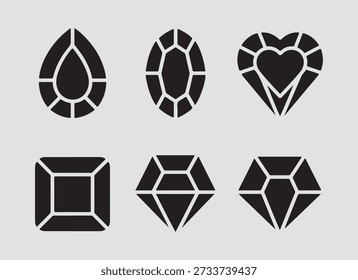 This Luxury Jewelry Stones solid icon set includes 12 bold and visually striking icons such as square gem faceted stone raw gemstone and diamond cut designed for strong clarity in ecommerce apps luxury branding and gemstone focused marketplaces