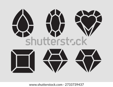 This Luxury Jewelry Stones solid icon set includes 12 bold and visually striking icons such as square gem faceted stone raw gemstone and diamond cut designed for strong clarity in ecommerce apps luxury branding and gemstone focused marketplaces