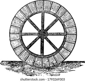 This machine has wide application in watermill, by transforming the energy of flowing water into energy or power, vintage line drawing or engraving illustration.