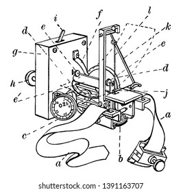This is a machine that checks blood pressure, vintage line drawing or engraving illustration.