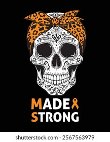 This "Made Strong" T-shirt features a detailed skull adorned with an orange print bandana, symbolizing resilience and strength. Perfect for MS awareness and empowerment.