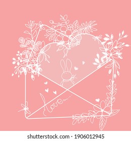 This is a mailing envelope with a gift inside - heart and a small bunny. The heart is decorated with flowers in a doodle style.