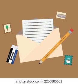 This is a mailing and stamp with a pencil, eraser and pencil sharpener for writing letters.