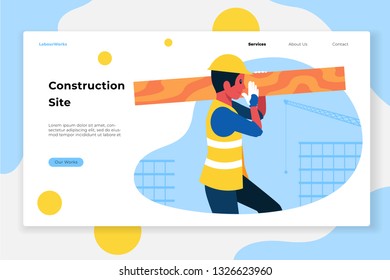 This man building worker is lifting wood using a security helmet - All elements on this template are editable with vector software