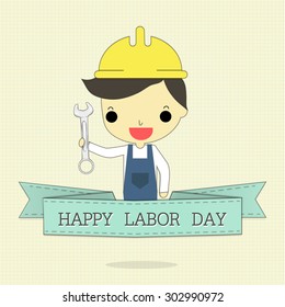 this man is labor who hold wrench with text "happy labor day" on blue ribbon on brown line background.

