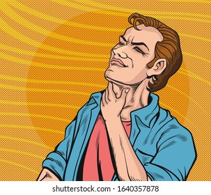 This man is sore throat, inflamed, difficulty swallowing.Pop art  retro vector illustration comic. Separate images of people from the background.