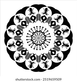 Este design de mandala apresenta um padrão circular, simétrico com elementos intrincados, repetidos. Inclui camadas de formas abstratas e florais que irradiam do centro, criando um equilíbrio e