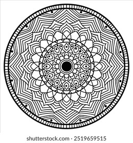 Este diseño de mandala presenta un patrón circular y simétrico con Elementos intrincados y repetitivos. Incluye capas de Formas abstractas y florales que irradian desde el centro, creando un cabello equilibrado y