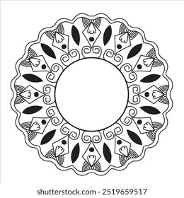 This mandala design features a circular, symmetrical pattern with intricate, repeating elements. It includes layers of abstract and floral shapes radiating from the center, creating a balanced and har