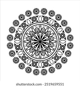 This mandala design features a circular, symmetrical pattern with intricate, repeating elements. It includes layers of abstract and floral shapes radiating from the center, creating a balanced and har