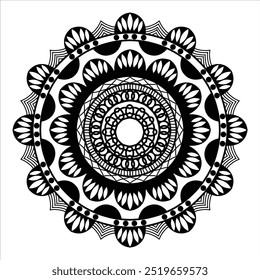 This mandala design features a circular, symmetrical pattern with intricate, repeating elements. It includes layers of abstract and floral shapes radiating from the center, creating a balanced and har