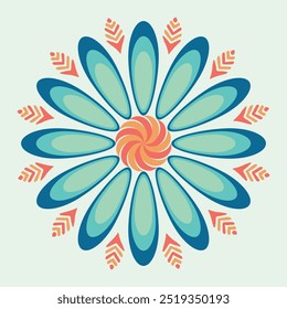 Este diseño de mandala cuenta con Formas vibrantes, como pétalos en tonos de verde azulado y azul que irradia desde un núcleo central de color naranja, acentuado por motivos de flecha de coral.