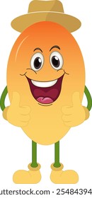 This mango cartoon vector is seen wearing a hat and shoes and is seen giving two thumbs up