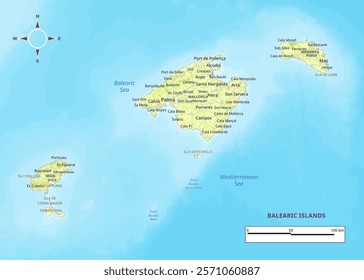 This map depicts the Balearic Islands, a Spanish archipelago in the Mediterranean Sea. The islands of Mallorca, Menorca, Ibiza, and Formentera are clearly labeled, along with various towns and cities.