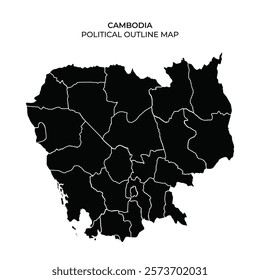 This map displays the political boundaries of Cambodia, highlighting the different provinces and regions. The outline is crisp and clear, providing a simplified view of the countrys structure.