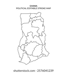 This map displays the political boundaries and regions of Ghana. It features a clean, editable outline ideal for educational or planning purposes. Distinct sections are clearly outlined.