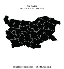 This map displays the political outline of Bulgaria, illustrating the countrys regional divisions in black. Each area is uniquely defined, showcasing geographical boundaries.