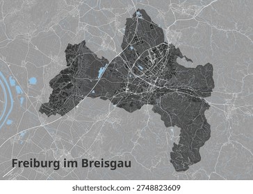 This is a map of Freiburg im Breisgau, Germany. The map displays the city's urban areas in dark gray, with lighter gray representing surrounding regions. Water bodies are shown in light blue, and roads and infrastructure are depicted in white lines. The text 'Freiburg im Breisgau' is prominently displayed at the bottom left of the image. The overall aesthetic is that of a stylized, modern map.
