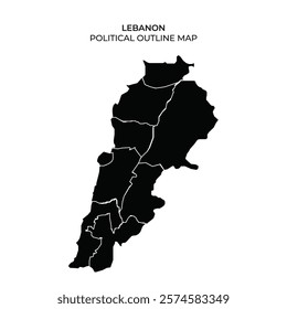 This map highlights the political outline of Lebanon, showcasing its distinct regional boundaries. It provides a clear representation of the countrys administrative divisions.