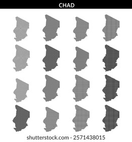 This map illustrates the country of Chad, featuring a distinctive dotted design that highlights its geographical shape.