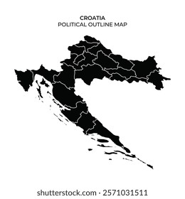 This map illustrates the political divisions of Croatia in a black outline style. Each region is distinctly marked, highlighting the countrys administrative areas with clarity.