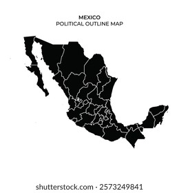 This map illustrates the political layout of Mexico, showing the distinct states and their borders in a clear black and white format. It is useful for educational and informational purposes.