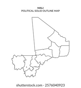 This map illustrates the political outline of Mali, highlighting its regions and borders. It offers a clear representation of the countrys geographical boundaries without additional details.