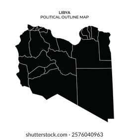 This map illustrates the political outline of Libya with distinct boundaries for each administrative division. The design focuses on clarity and simplicity for easy interpretation.