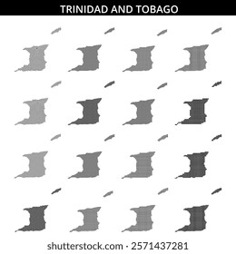 This map outline of Trinidad and Tobago displays a dotted pattern, showcasing the islands in a simple design suitable for various applications.