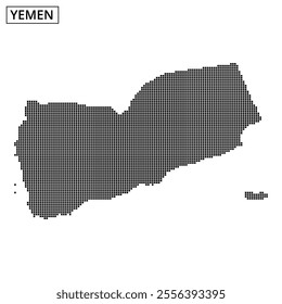 This map outline of Yemen displays a dotted pattern, illustrating notable geographical features and borders in a unique style.