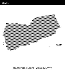 This map outline of Yemen displays a dotted pattern, illustrating notable geographical features and borders in a unique style.