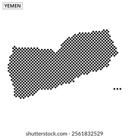 This map outline of Yemen displays a dotted pattern, illustrating notable geographical features and borders in a unique style.