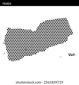 This map outline of Yemen displays a dotted pattern, illustrating notable geographical features and borders in a unique style.