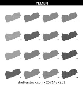 This map outline of Yemen displays a dotted pattern, illustrating notable geographical features and borders in a unique style.