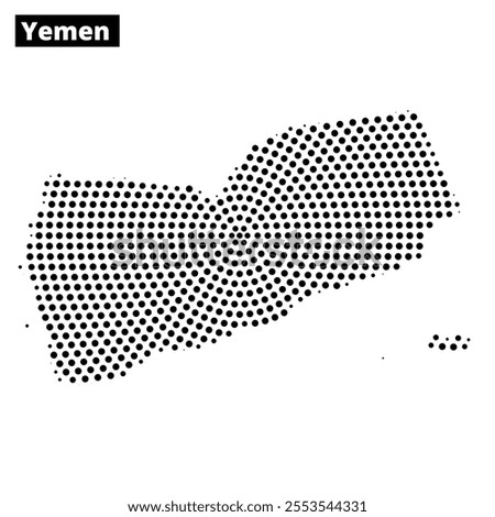 This map outline of Yemen displays a dotted pattern, illustrating notable geographical features and borders in a unique style.