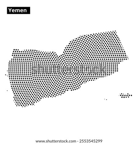 This map outline of Yemen displays a dotted pattern, illustrating notable geographical features and borders in a unique style.