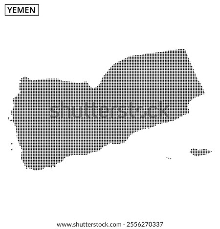 This map outline of Yemen displays a dotted pattern, illustrating notable geographical features and borders in a unique style.
