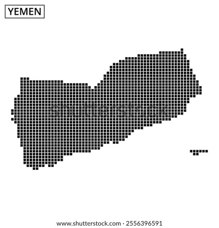 This map outline of Yemen displays a dotted pattern, illustrating notable geographical features and borders in a unique style.