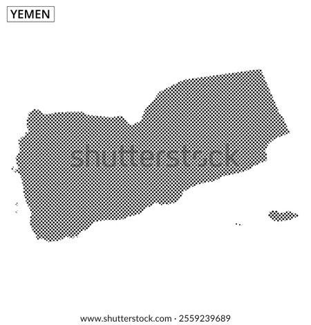This map outline of Yemen displays a dotted pattern, illustrating notable geographical features and borders in a unique style.