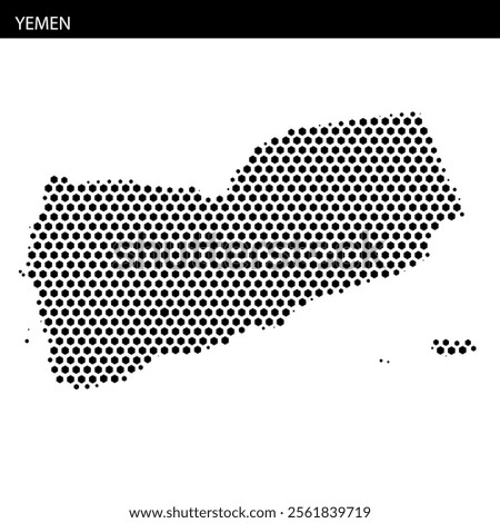 This map outline of Yemen displays a dotted pattern, illustrating notable geographical features and borders in a unique style.