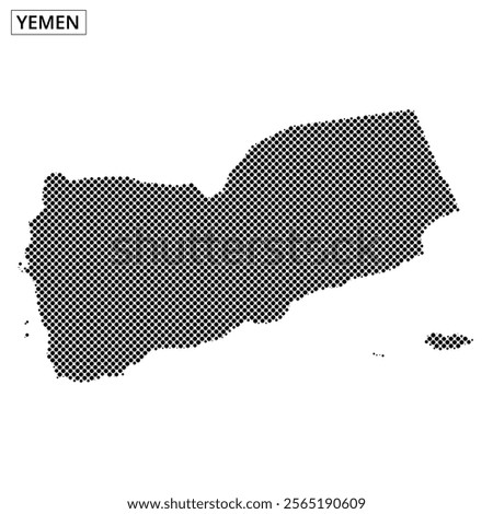 This map outline of Yemen displays a dotted pattern, illustrating notable geographical features and borders in a unique style.