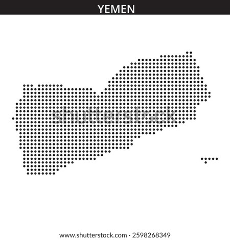 This map outline of Yemen displays a dotted pattern, illustrating notable geographical features and borders in a unique style.