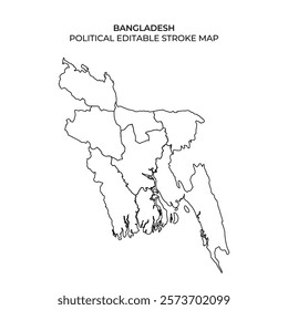 This map outlines the political boundaries of Bangladesh, featuring major regions and divisions. Ideal for educational purposes, presentations, or design projects requiring customization.